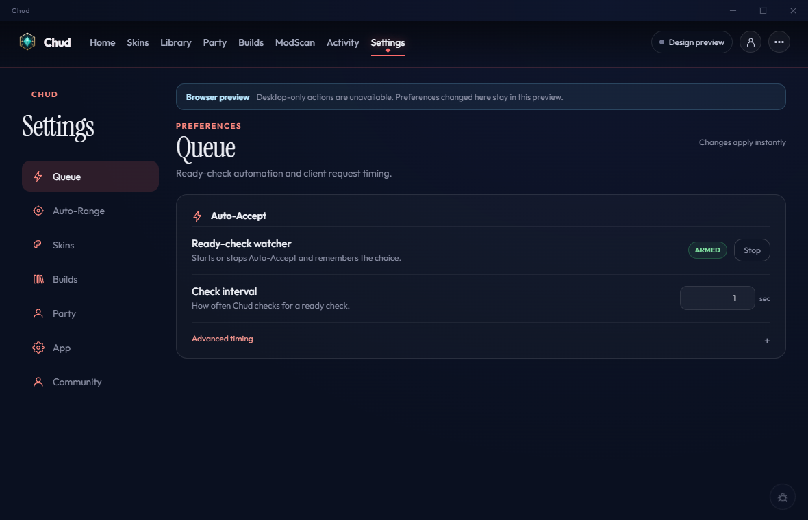 Chud Settings with independent sections and queue controls