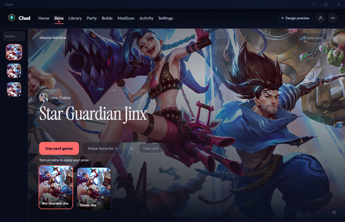 Chud 5.3.8 skin selection interface in coral and navy